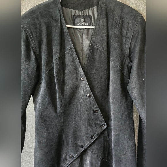 VINTAGE 80's BERMANS BLACK SUEDE LONG SLV SNAP-FRONT PENCIL DRESS Size 6 - Picture 2 of 5